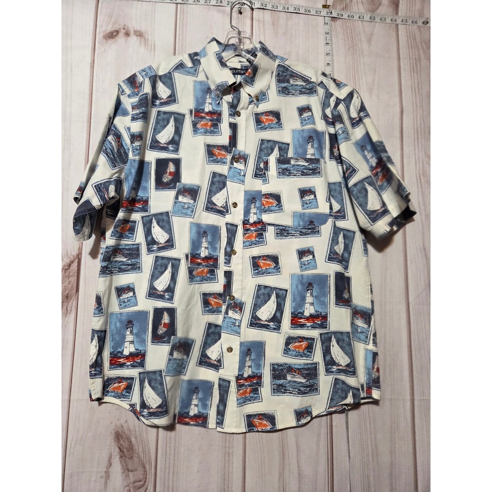 Puritan Men's Medium Short Sleeve Button Up Shirt Nautical Lighthouse‎ Sailboat